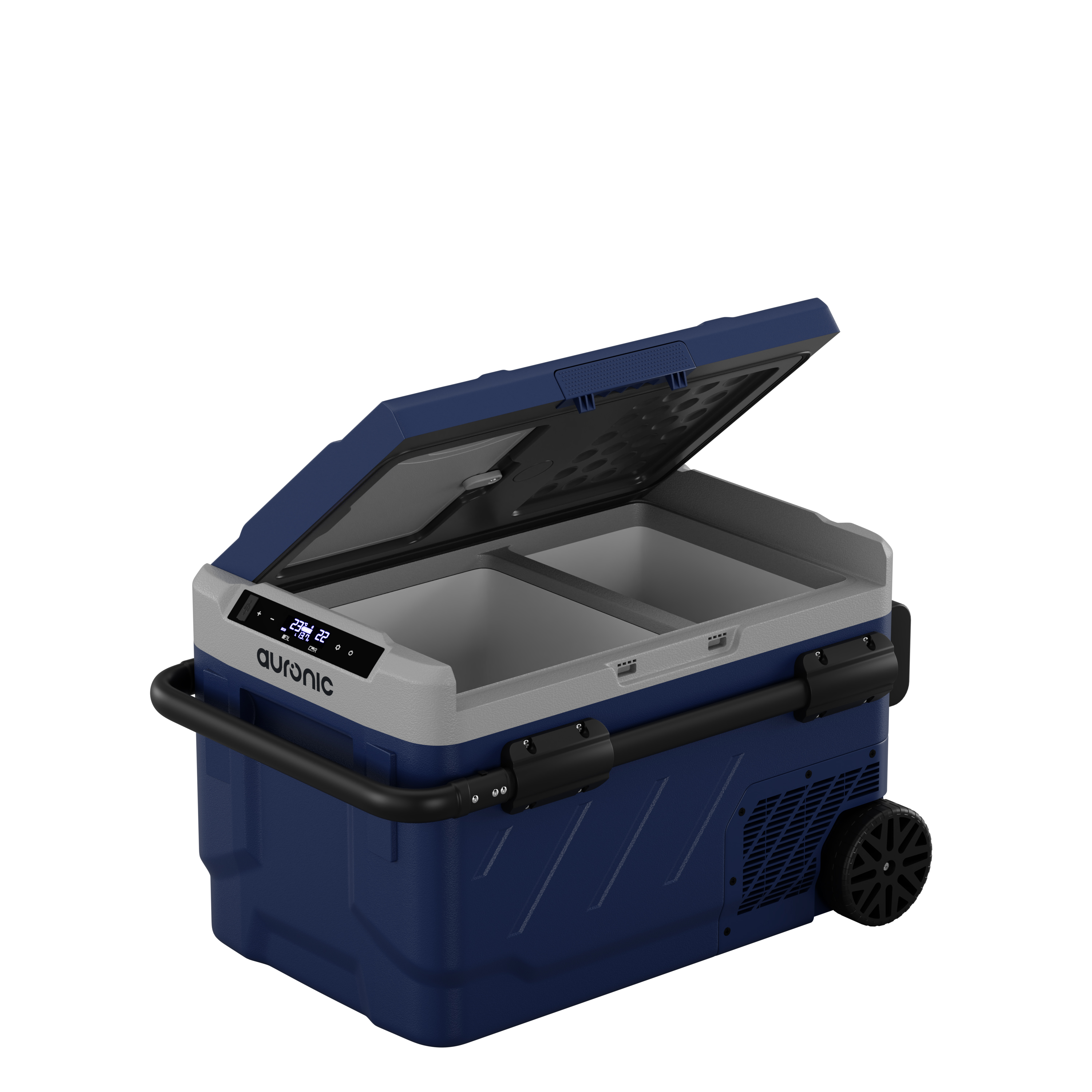 Een blauw-grijze draagbare koelbox met open deksel, met twee compartimenten.
