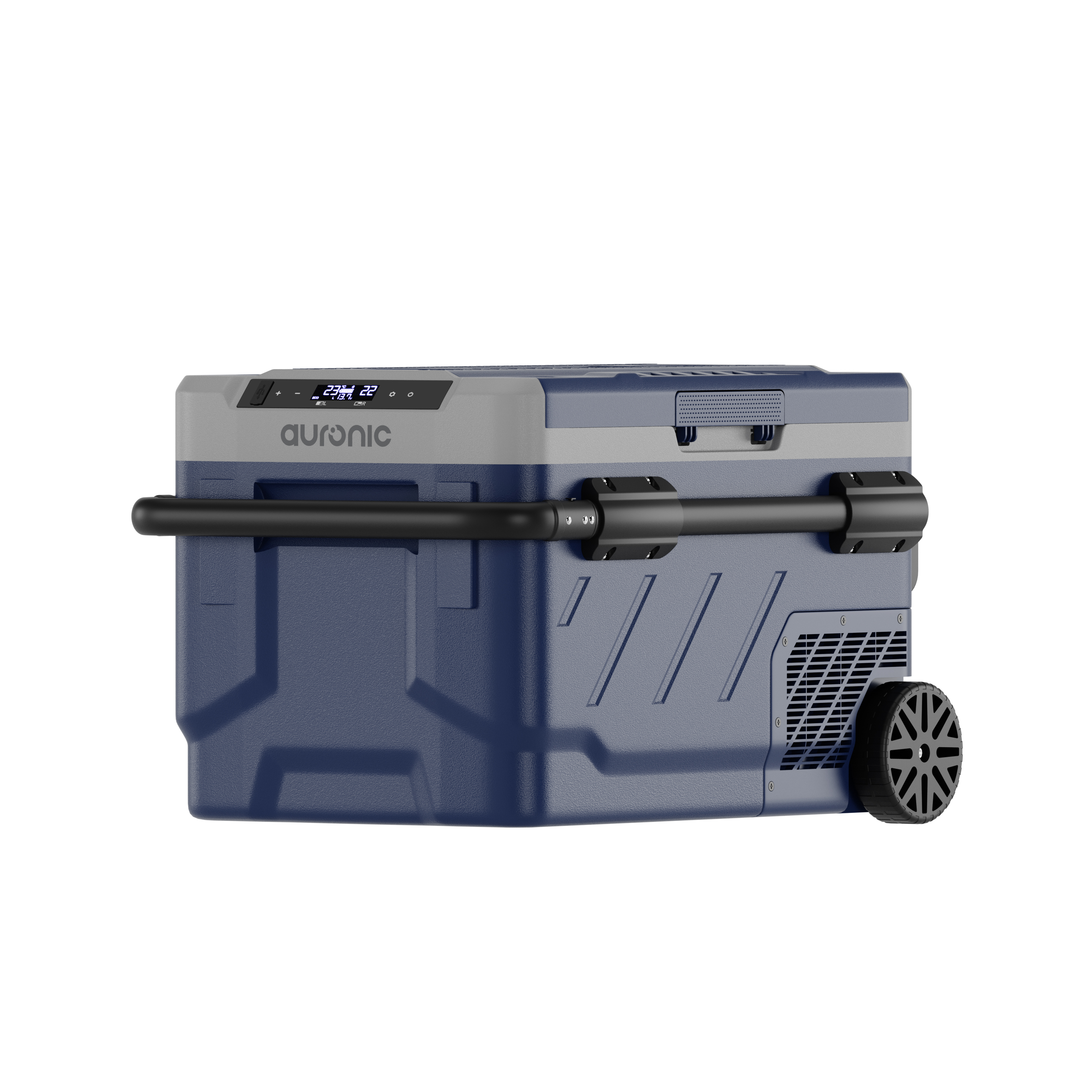 Een blauwe en grijze koelbox met wielen en handvat.