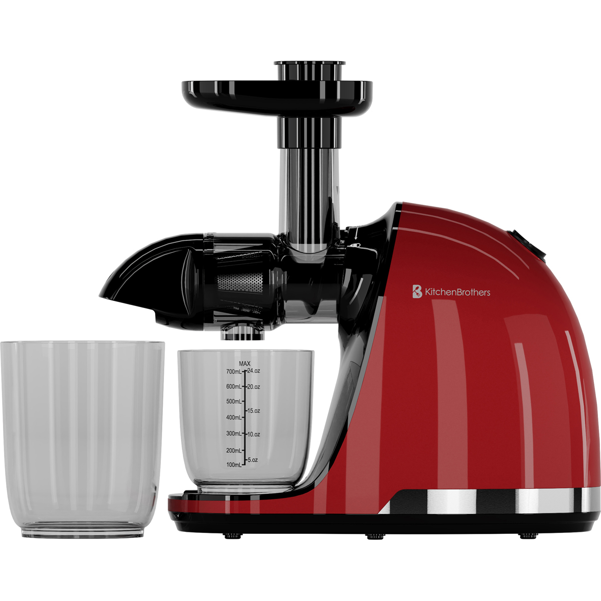 Red KitchenBrothers juicer with two clear containers. Close-up view.