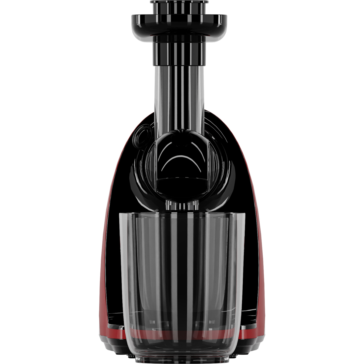 A red and black juicer with a glass underneath.