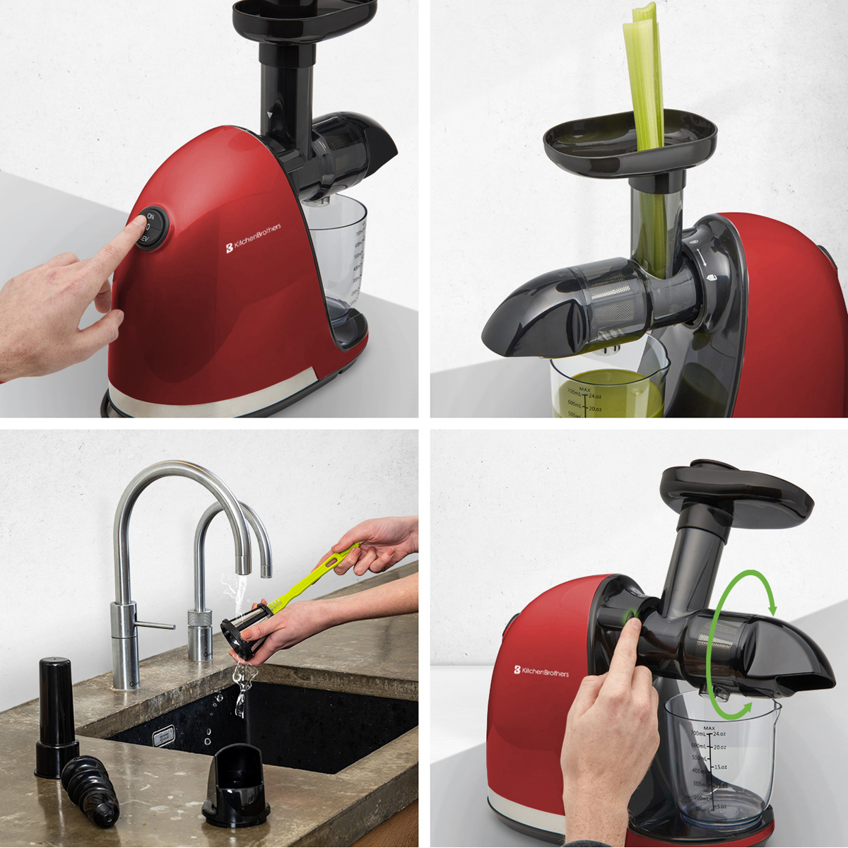 Four steps of a red juicer: powering on, juicing, cleaning, and operation.