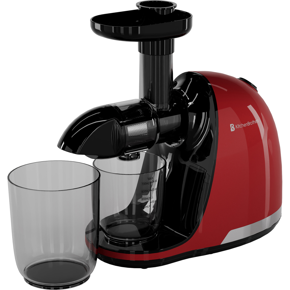 A red juicer with a black top and two clear collection cups.