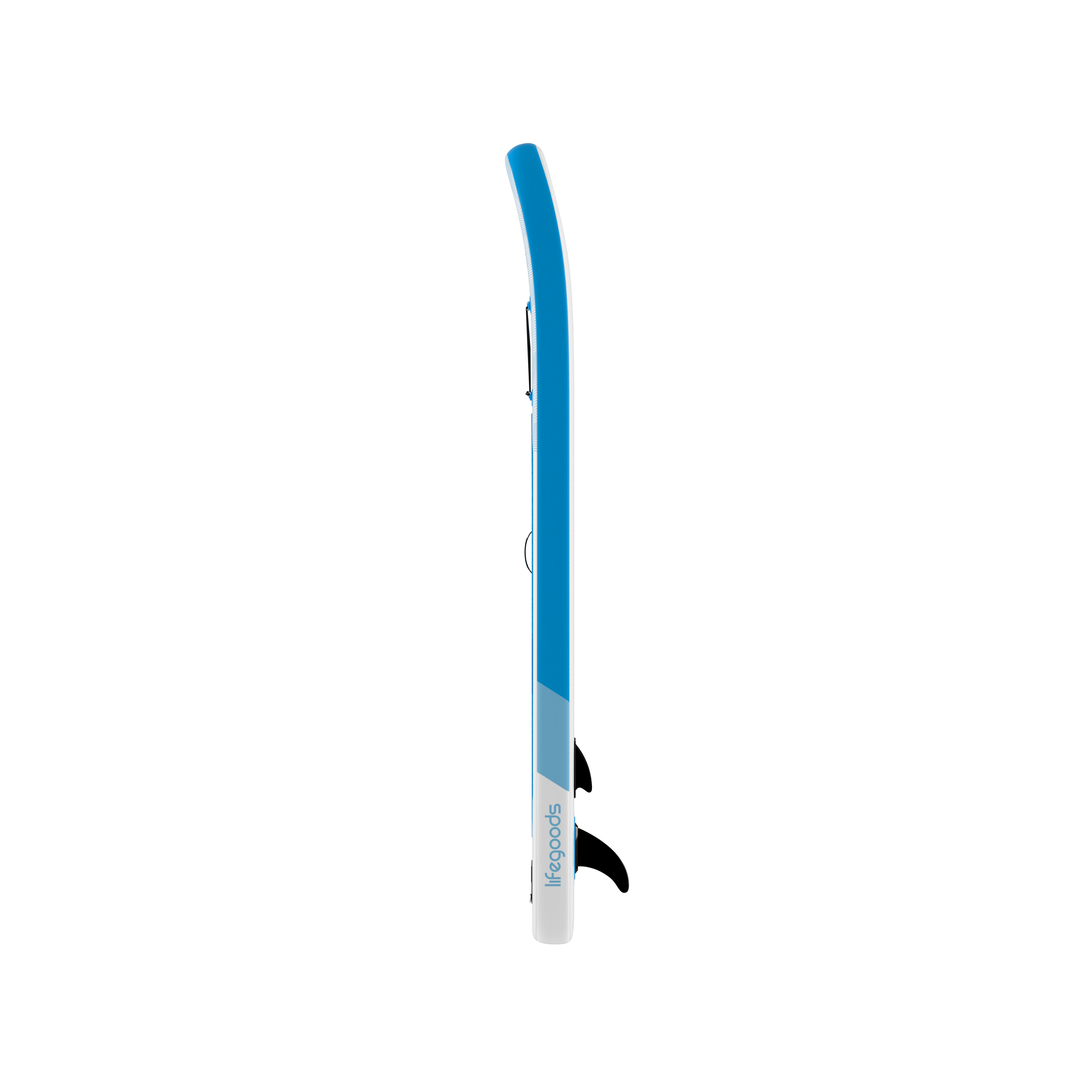Une planche de paddle blanche avec un bord bleu et un détail d'aileron noir.