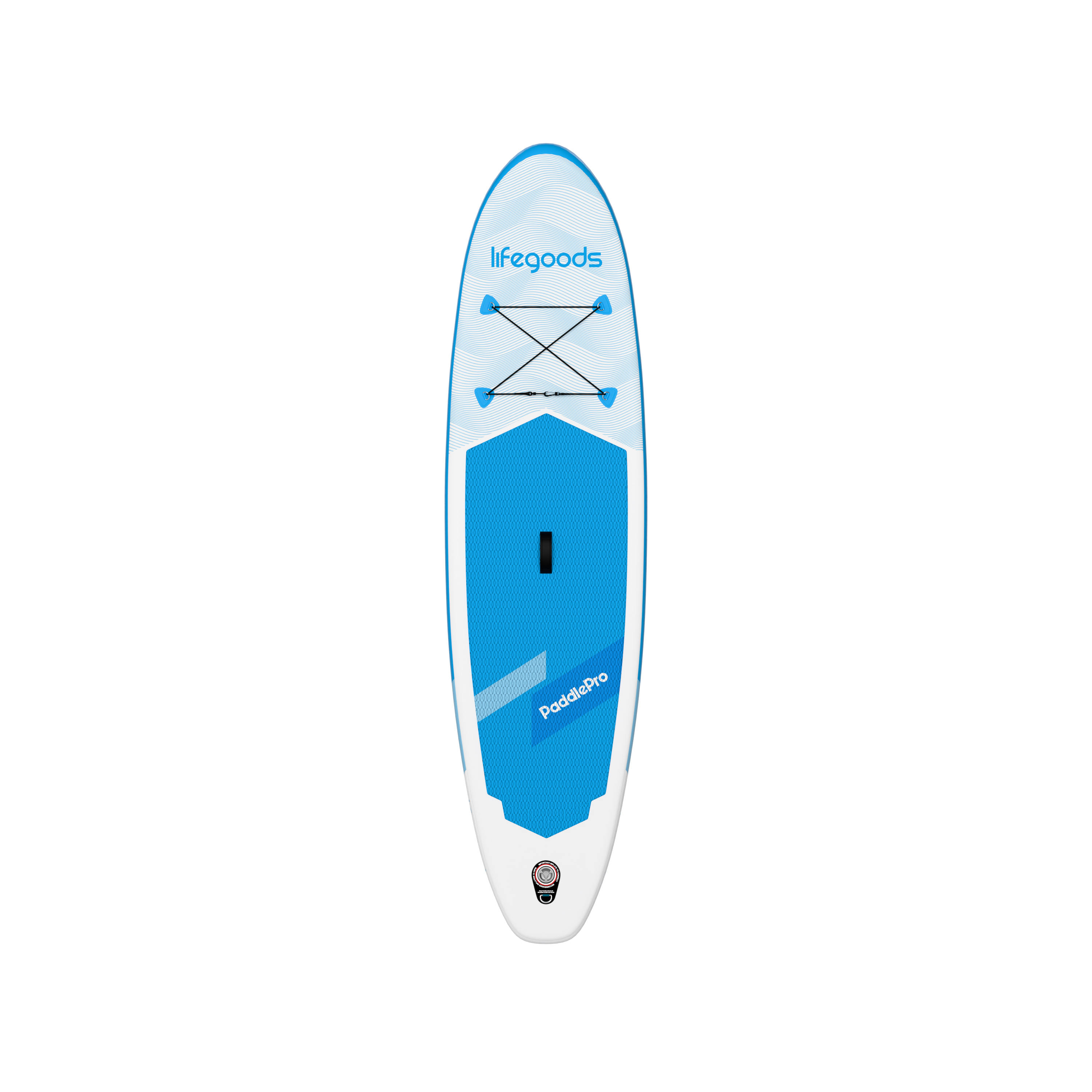 Une planche de paddle bleu et blanc avec le logo Lifegoods et des cordons élastiques.
