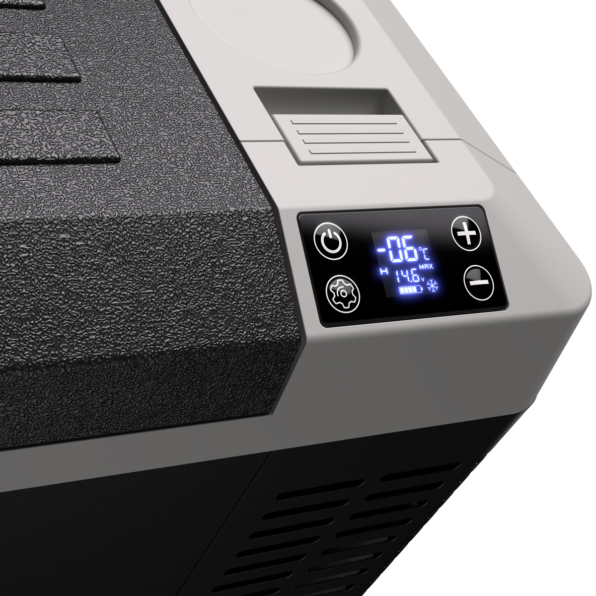 Un réfrigérateur portable avec un écran numérique affichant -0.6 degrés Celsius.