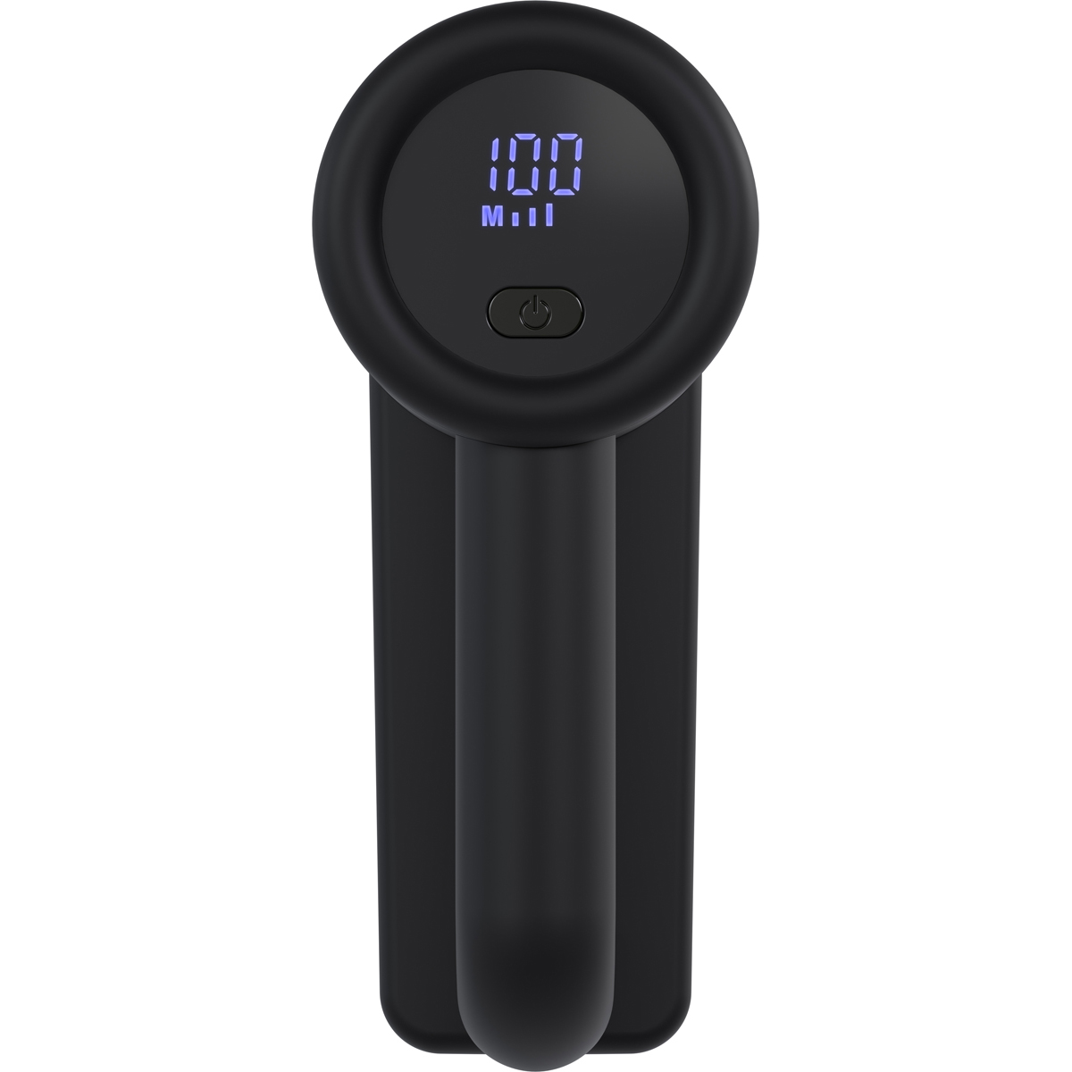 Un pistolet de massage noir avec écran numérique affichant 100 et un bouton d'alimentation.