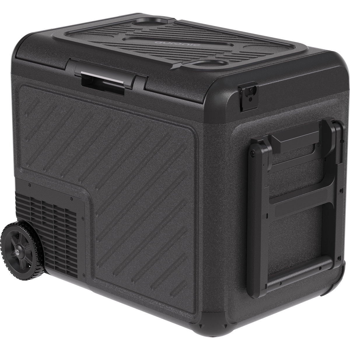 Une glacière portable noire avec roues et poignée rétractable.