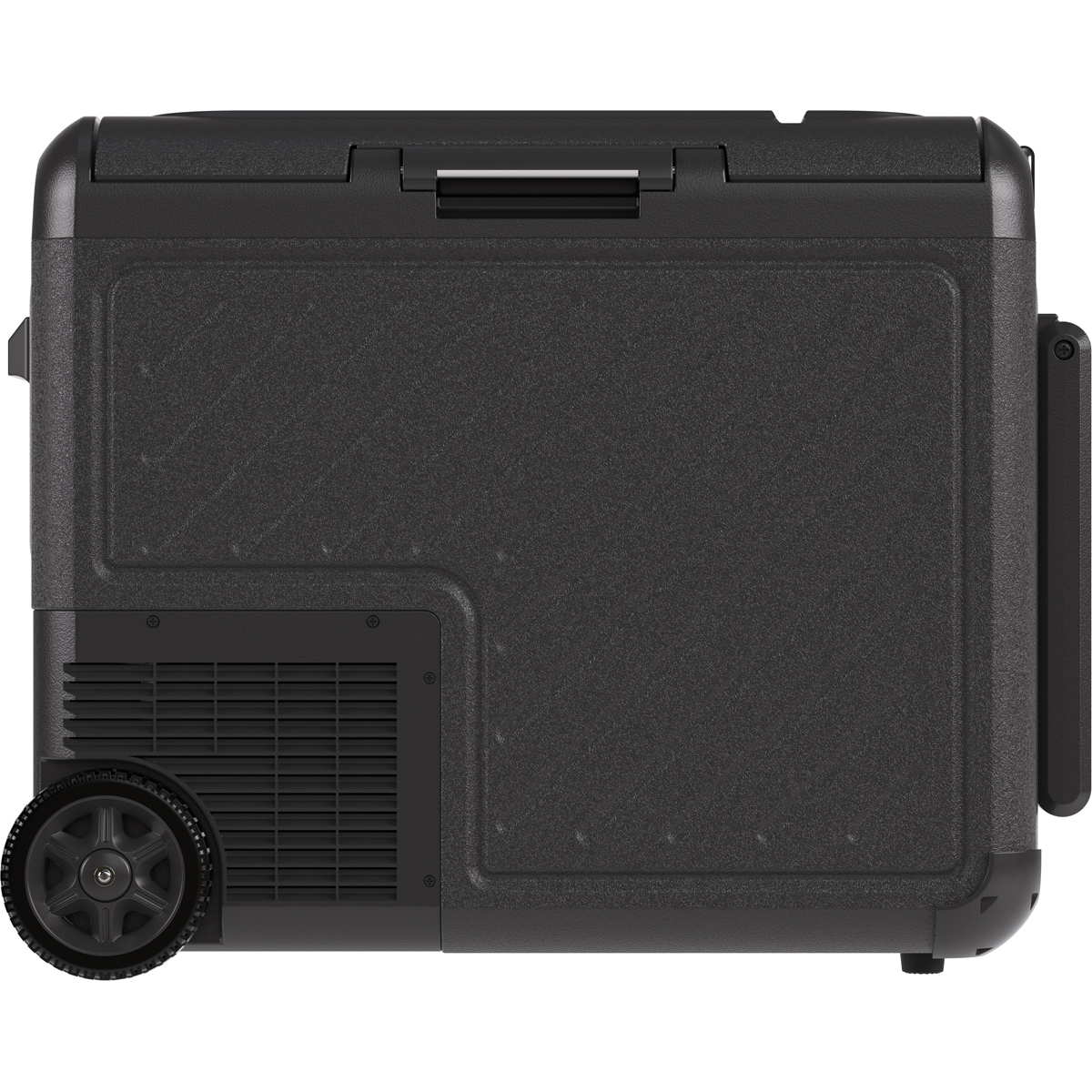 Glacière portable noire avec poignée et roue. Grille ventilée à gauche.
