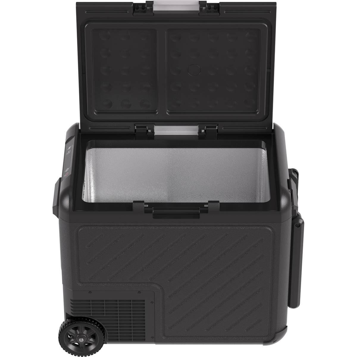 Un réfrigérateur portable noir avec le couvercle ouvert, montrant l'intérieur argenté. Il a des roues.