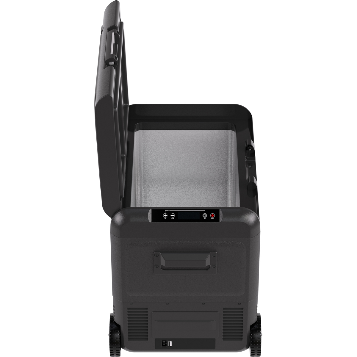 Un glacière portable noir, couvercle ouvert, sur roues.