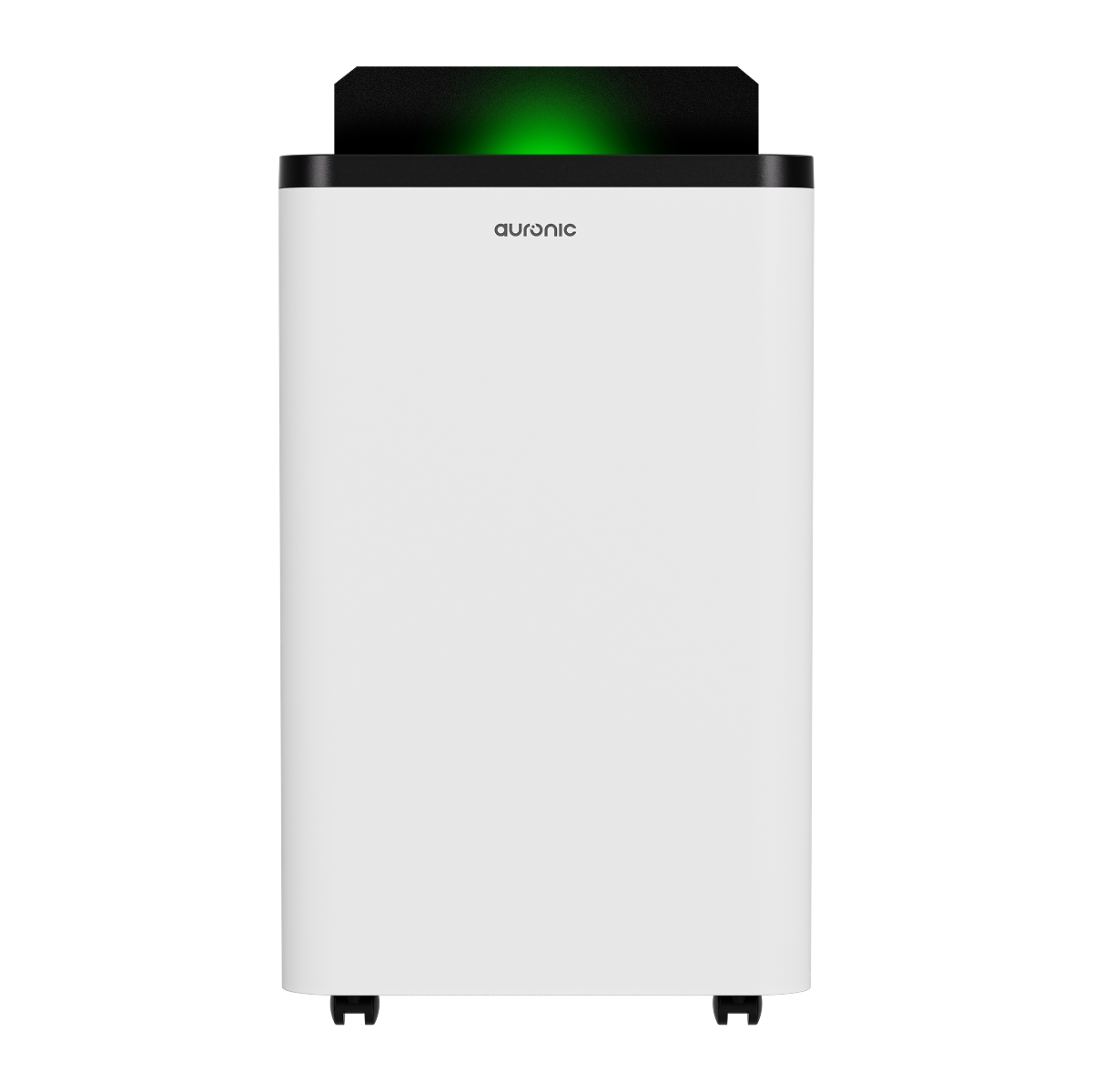 Een witte luchtreiniger met een zwarte rand bovenaan en groene verlichting.