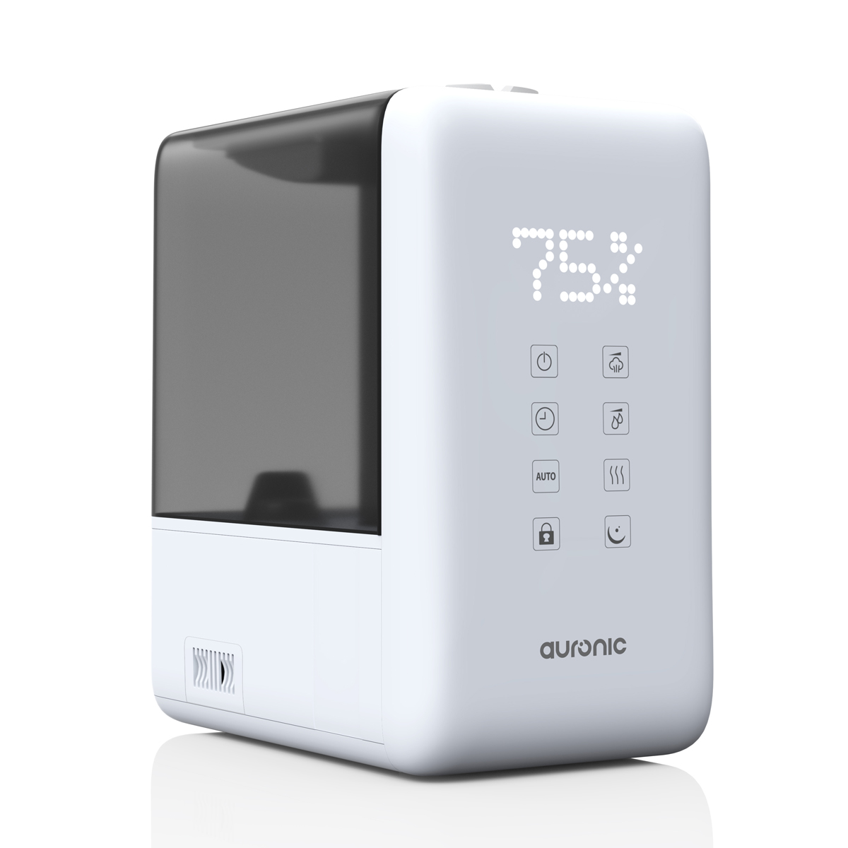 Weißer Auronic-Luftbefeuchter mit grauem Wassertank und digitaler Anzeige (75%).