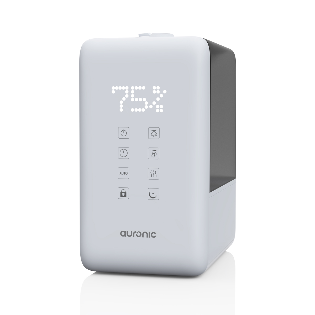 Weißer Auronic-Luftbefeuchter mit Digitalanzeige, die 75 % Luftfeuchtigkeit anzeigt. Symbole für Timer, Auto, Schloss, Nebel und Wärme.
