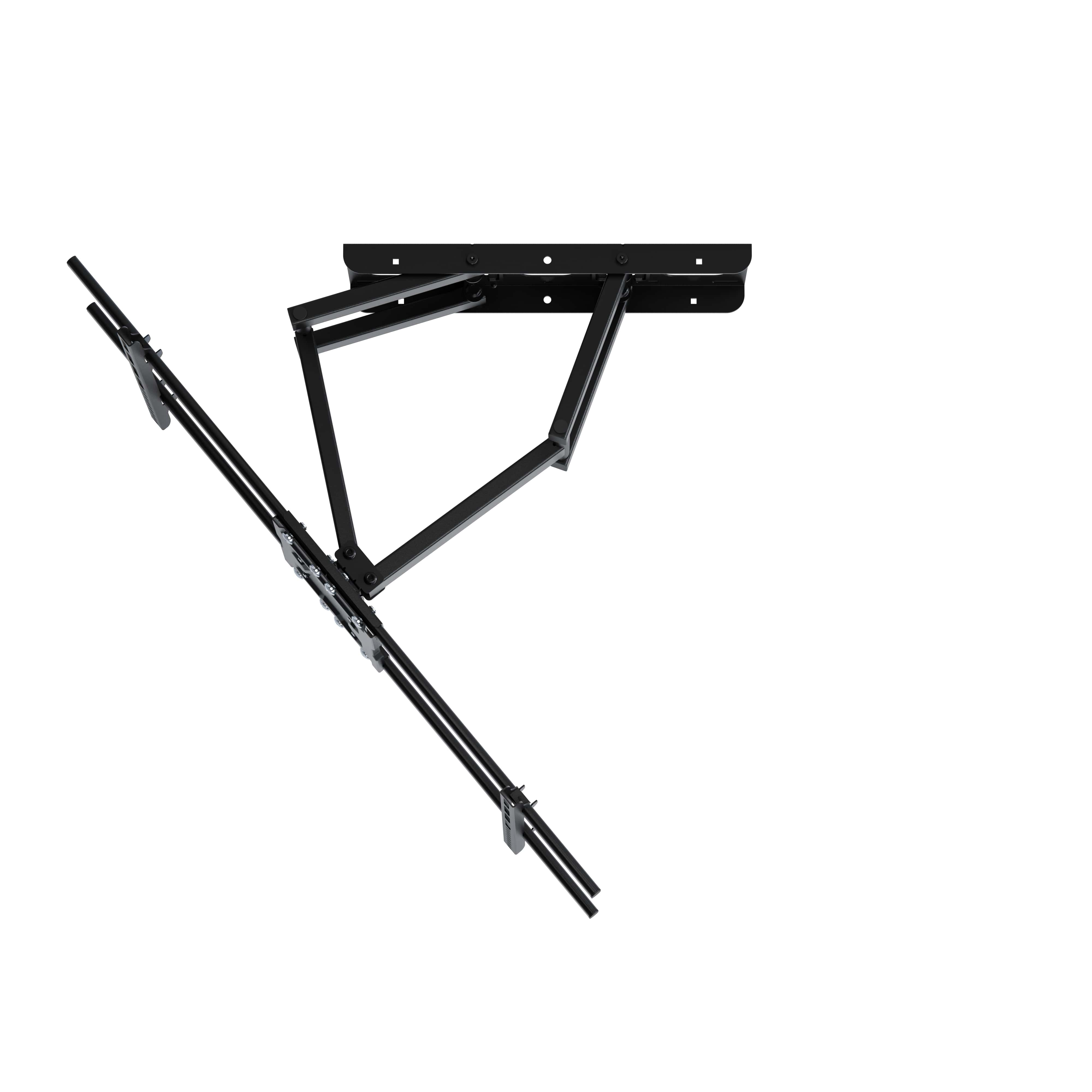 Support mural TV noir avec bras extensible et supports pivotants.