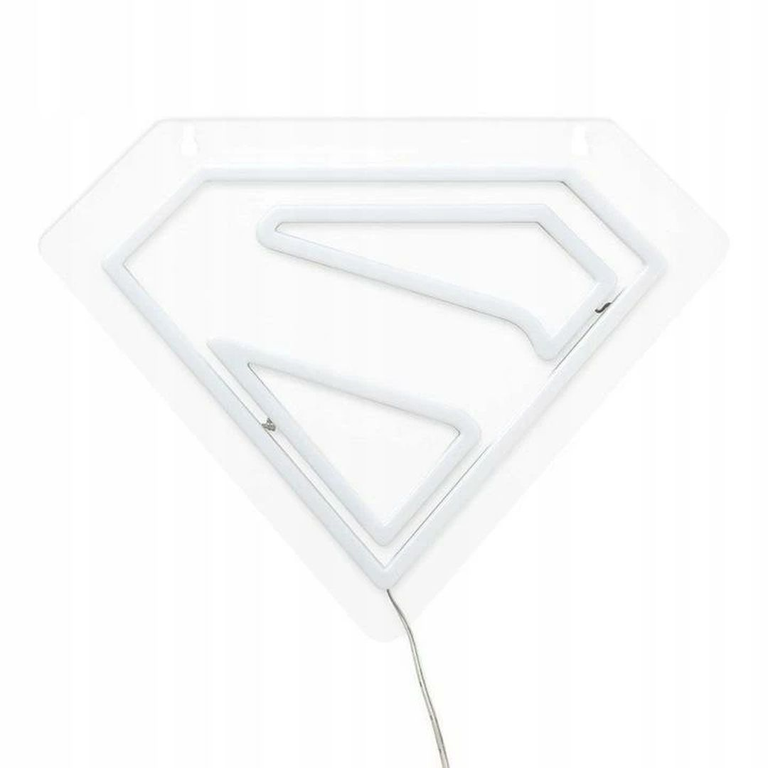 Białe neonowe logo Supermana na przezroczystym tle.