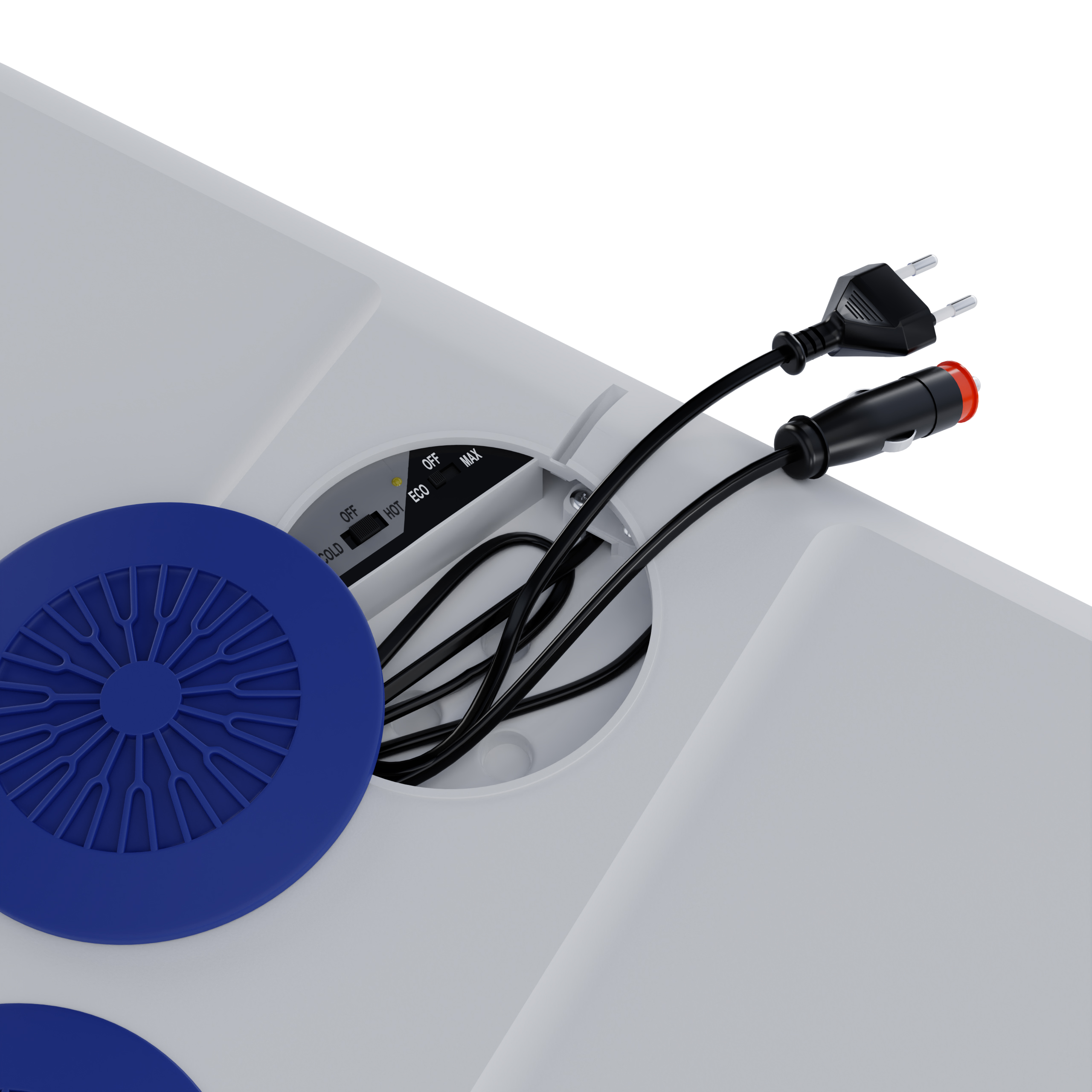 Un appareil blanc avec une grille de ventilation bleue et un cordon avec des prises.