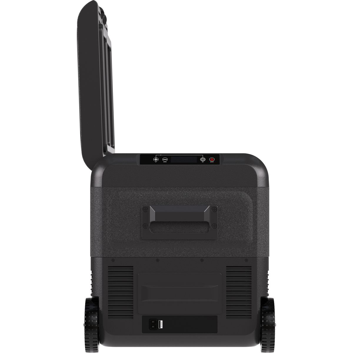 Un glacière portable noir avec roues et couvercle ouvert.