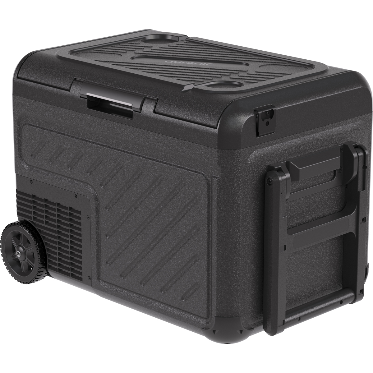 Glacière portable noire avec roues, poignée et porte-gobelets sur le couvercle.