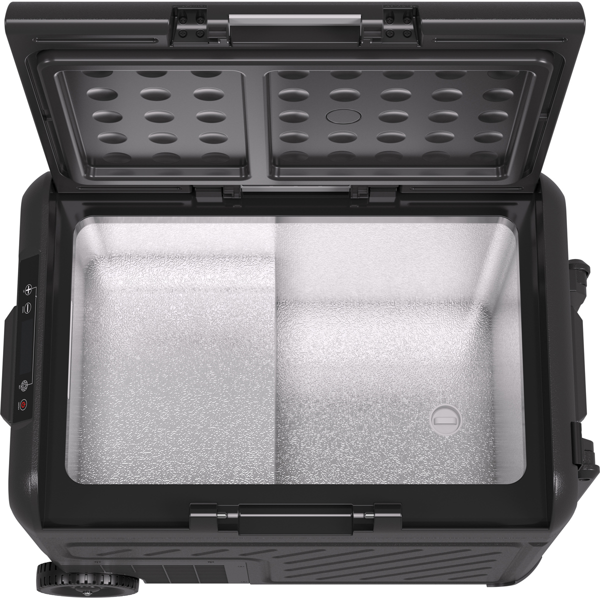 Une glacière noire ouverte avec de la glace à l'intérieur et des commandes sur le côté.