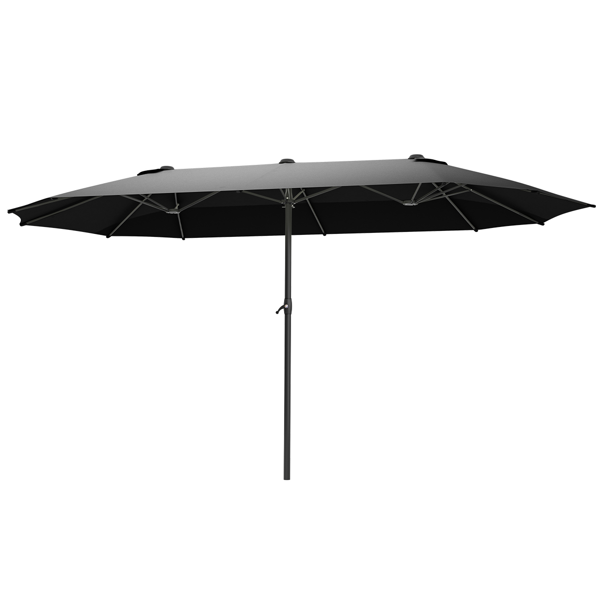 Een rechthoekige, dubbele zwarte parasol met metalen paal.