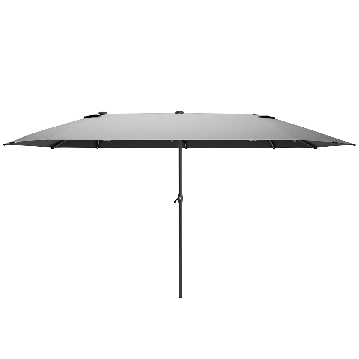 Een rechthoekige, grijze parasol met een donkere standaard op een witte achtergrond.