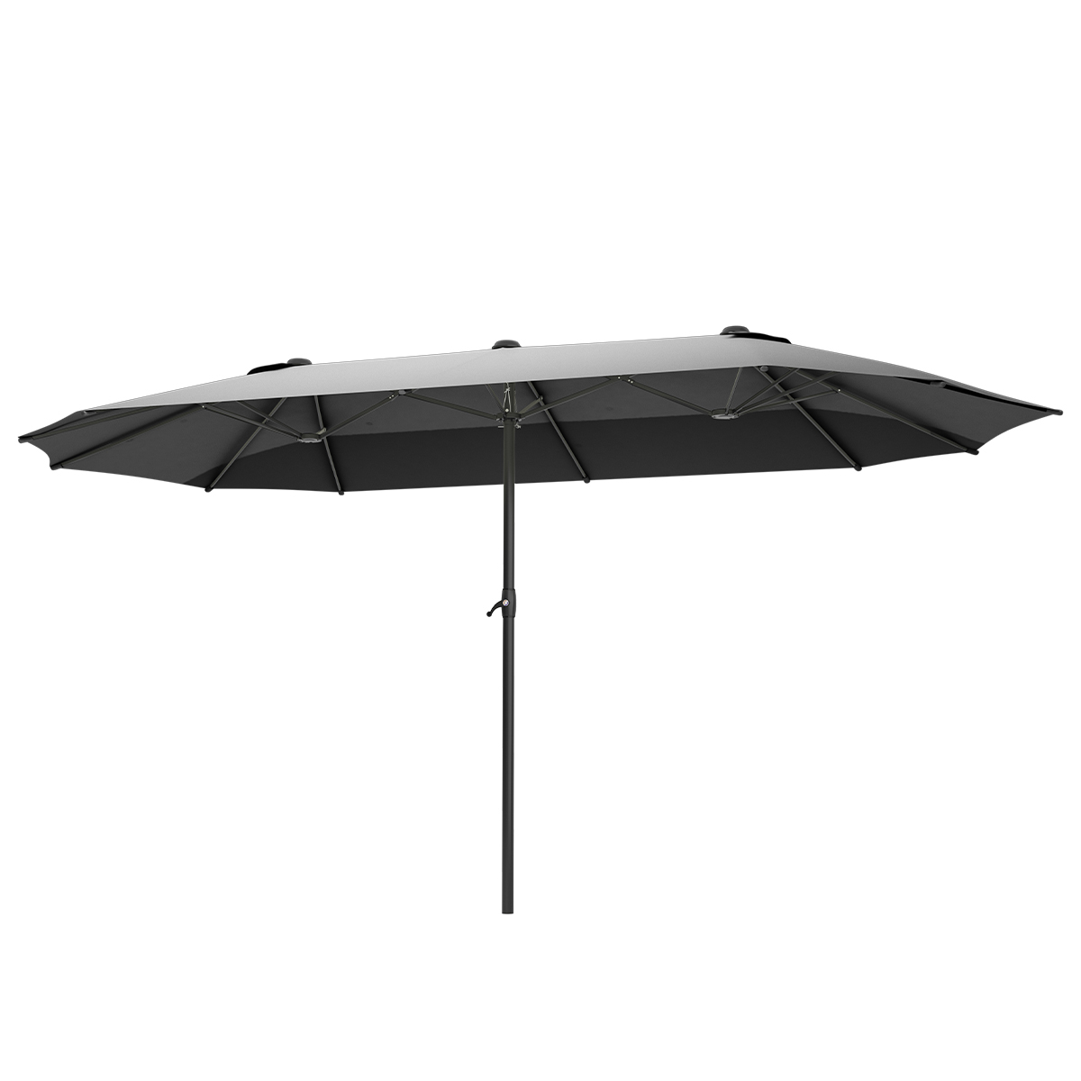 Een rechthoekige grijze parasol met twee stoffen panelen en een centrale paal.