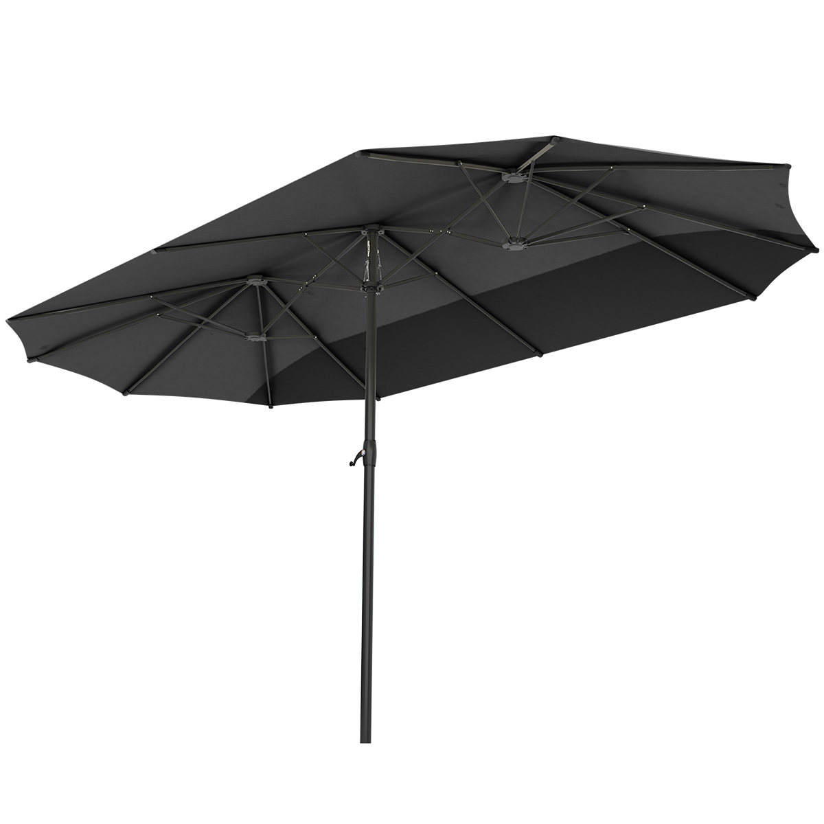 Een rechthoekige, donkergrijze parasol met twee luifels en metalen baleinen.