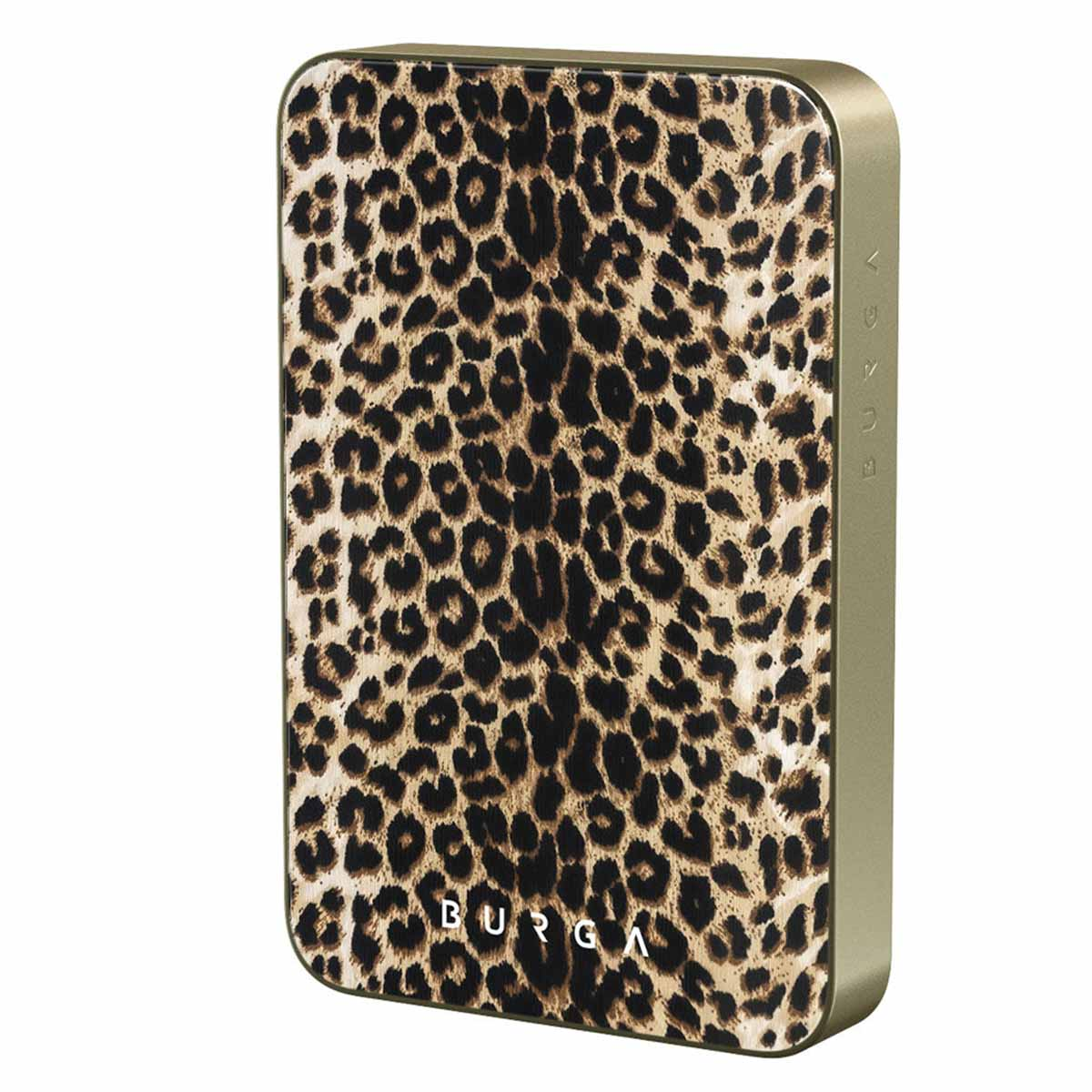 Un étui rectangulaire à imprimé léopard et cadre doré.