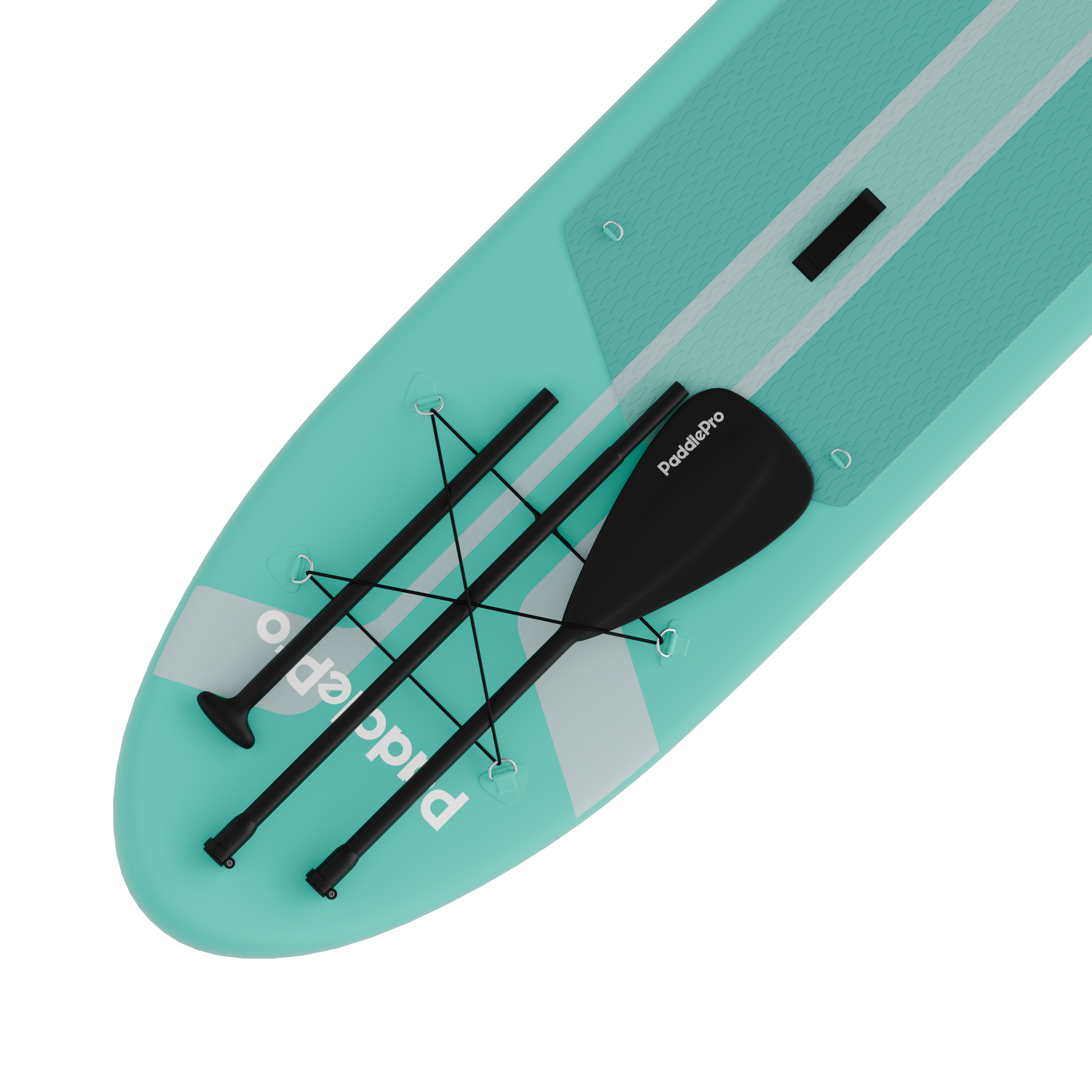 Turquoise SUP board met zwart peddel en elastische koorden.
