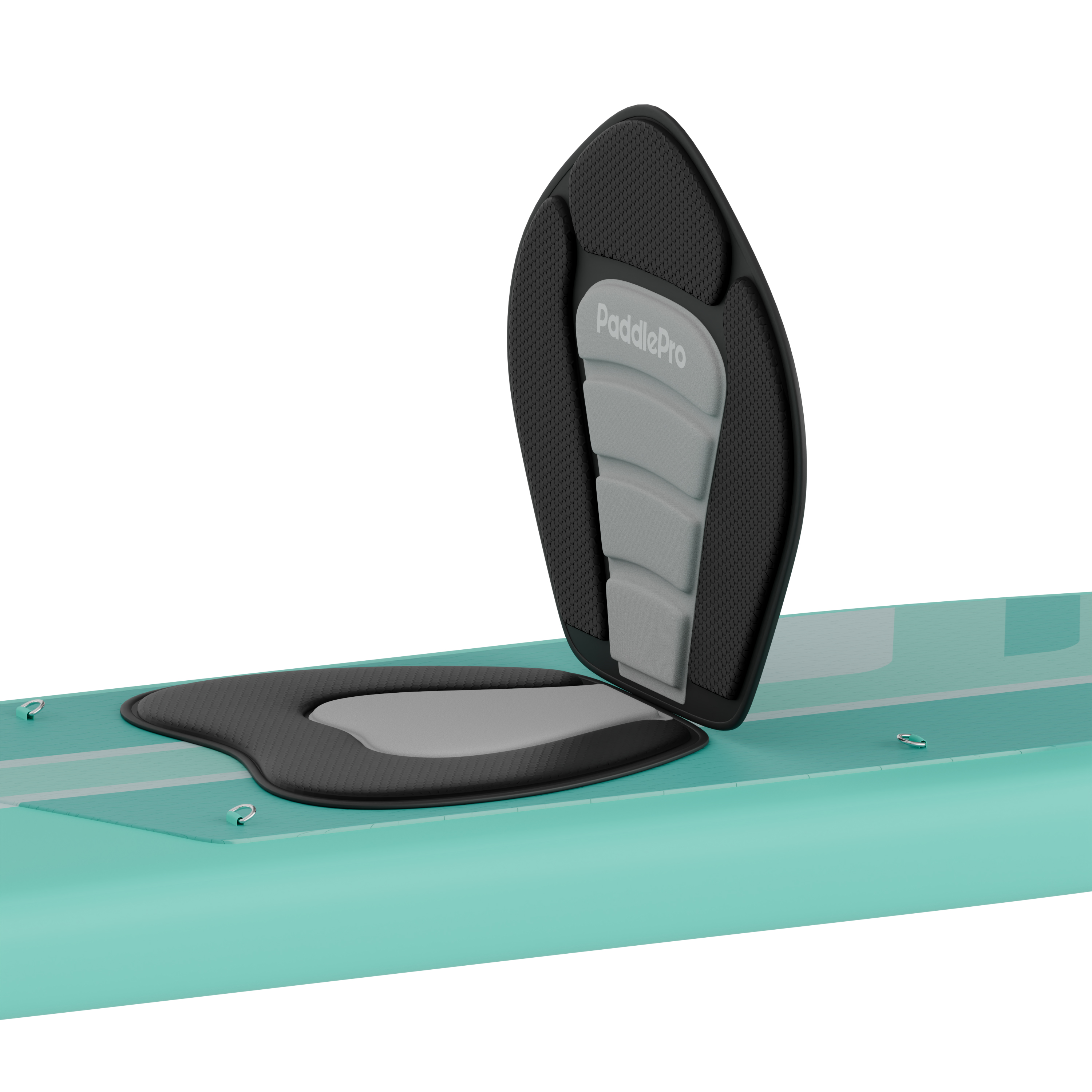 Een turkoois paddleboard met zitkussens en PaddlePro logo.