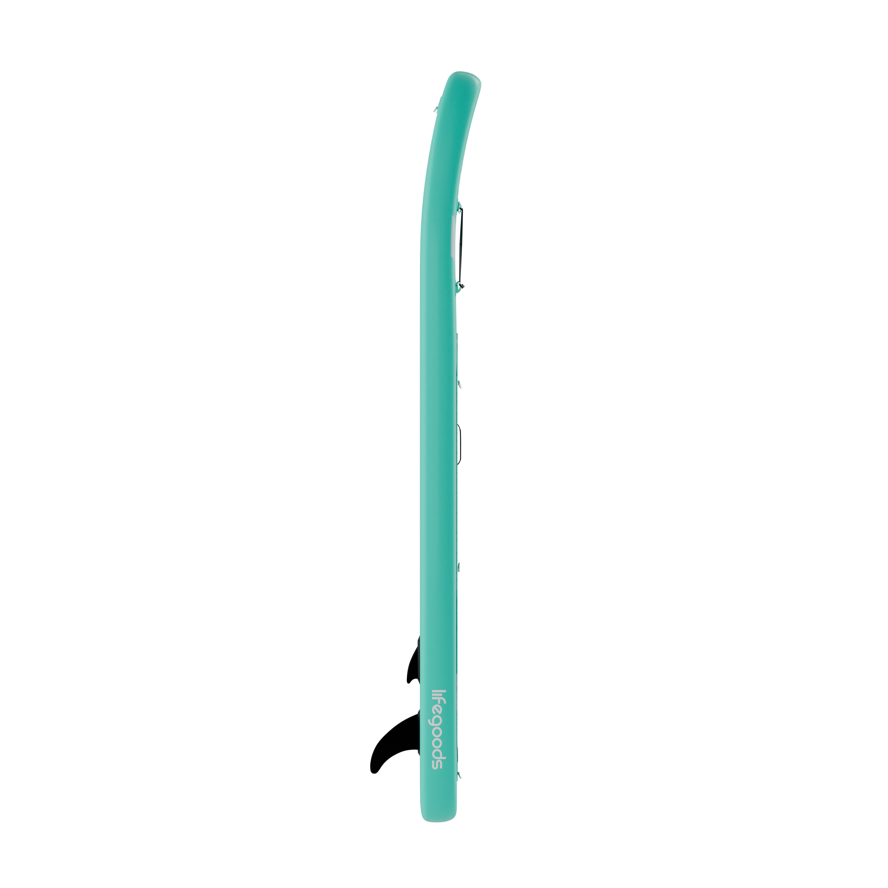 Turquoise opblaasbare stand-up paddleboard met zwarte vin.