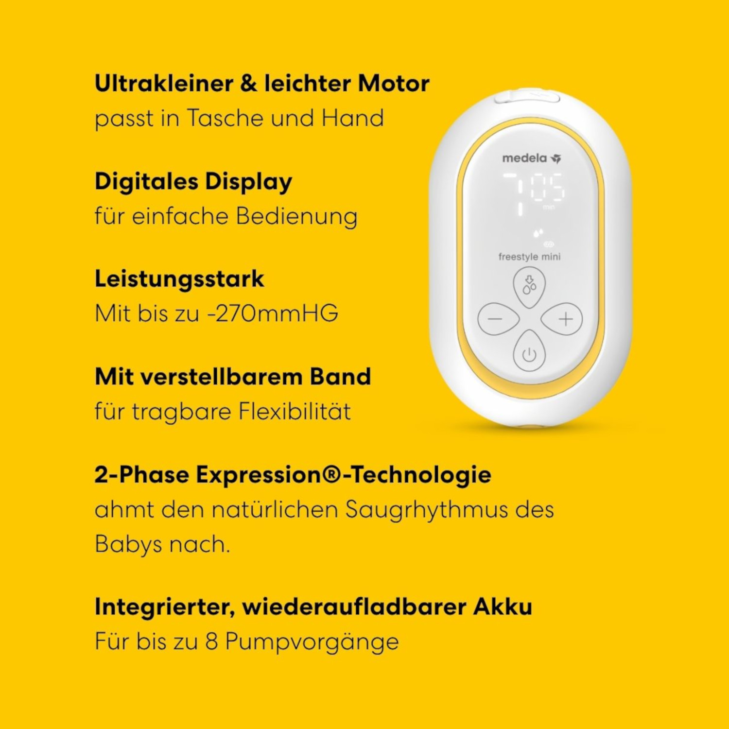 Medela Freestyle Mini Milchpumpe mit digitalem Display und Akku.