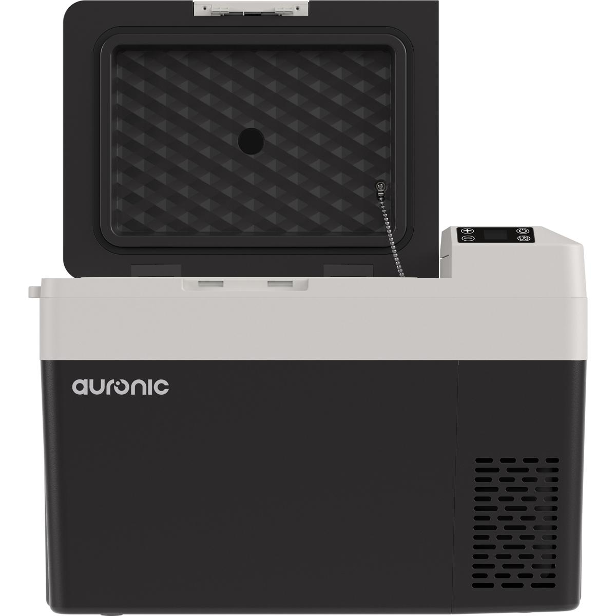 Un réfrigérateur portable noir et blanc, couvercle ouvert, montrant un intérieur texturé.