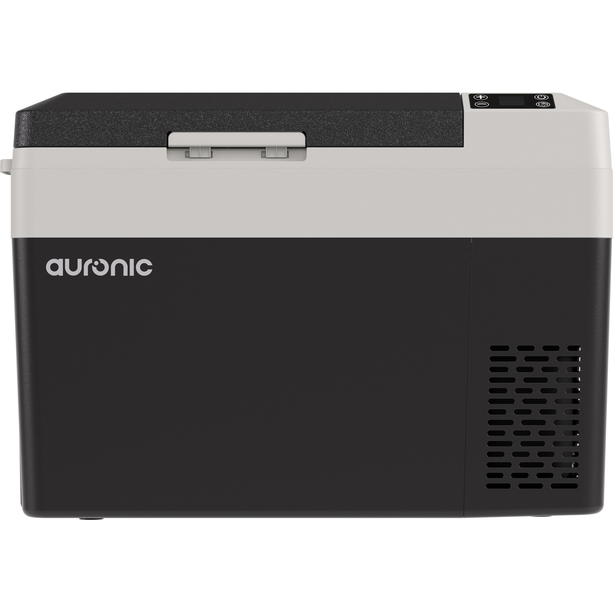 Une glacière portable noire et blanche avec des commandes sur le dessus et le logo Auronic sur le côté.