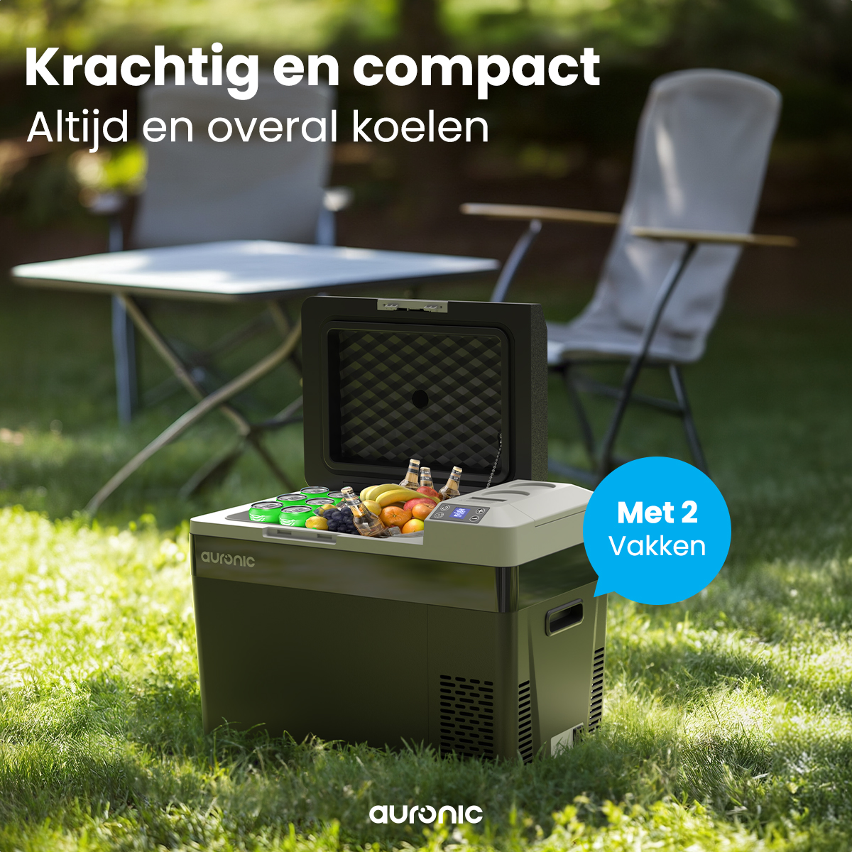 Een open draagbare koelkast met fruit en flessen staat op gras.