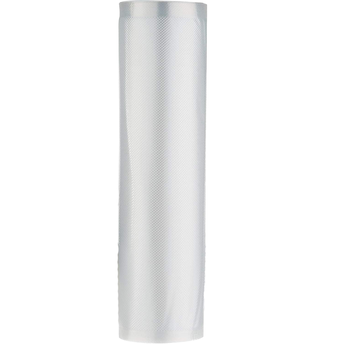 A roll of clear vacuum sealer bag material with a diamond pattern on a white background.