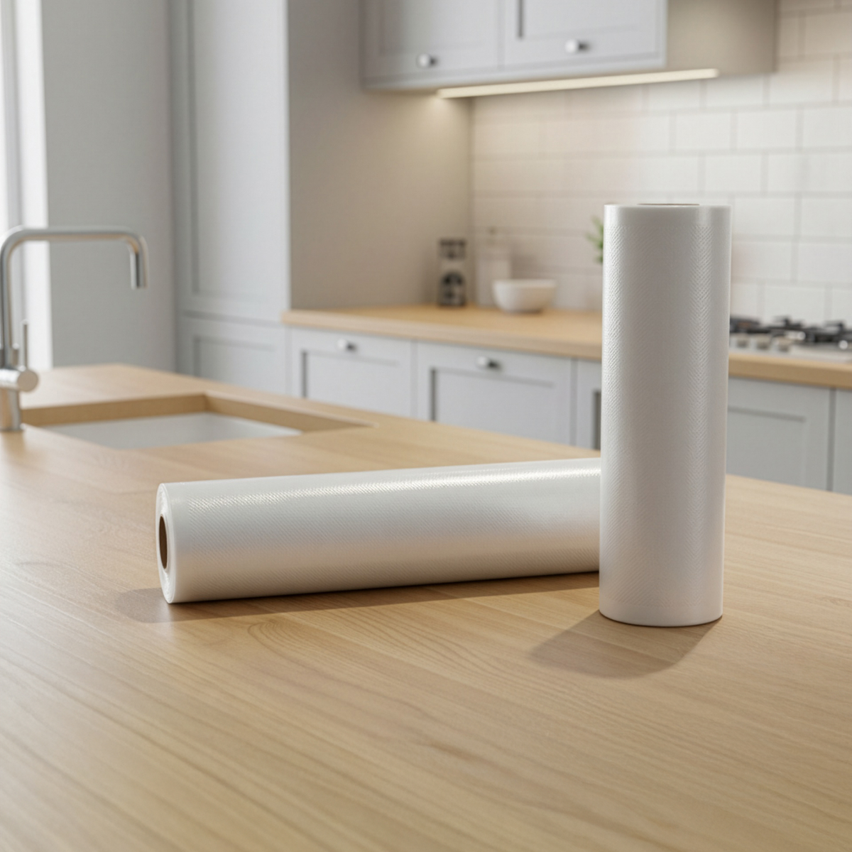 Two rolls of vacuum seal bags lie on a wooden counter in a kitchen.
