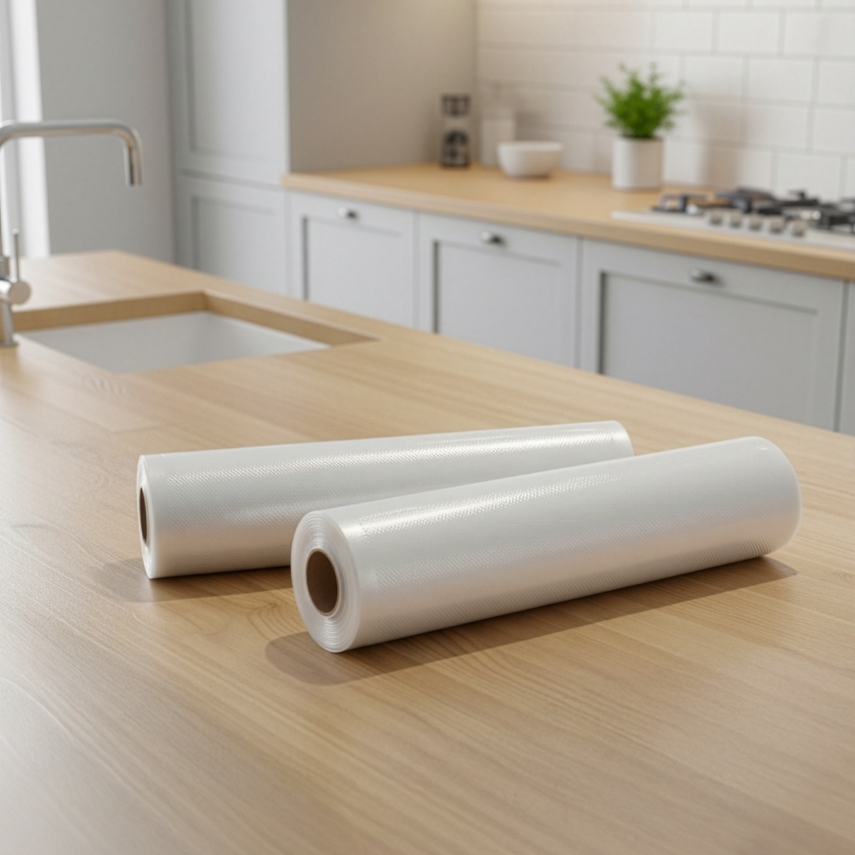 Two rolls of vacuum seal bag material on a wooden countertop in a kitchen.