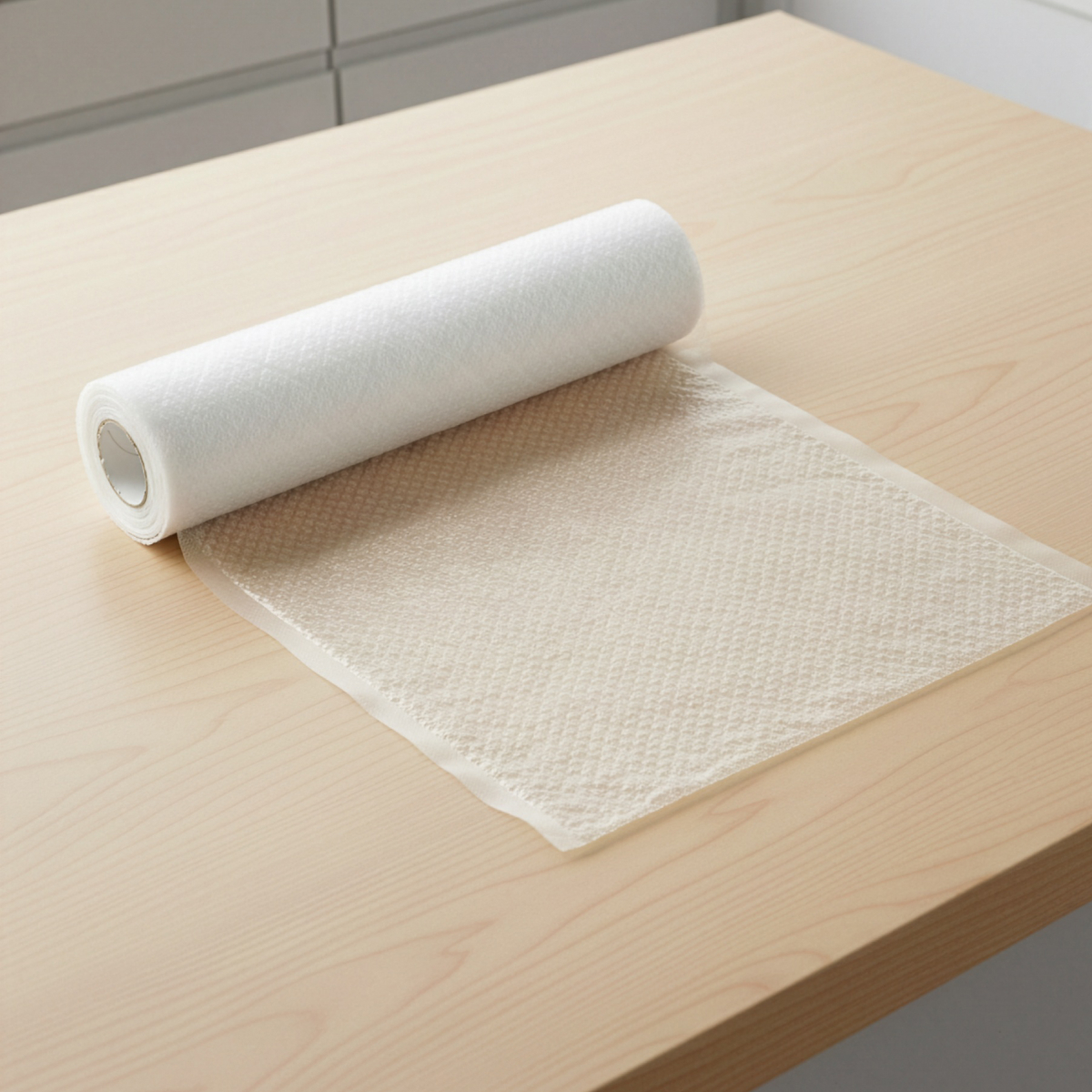 A roll of white paper towels lies on a wooden table, partially unrolled.