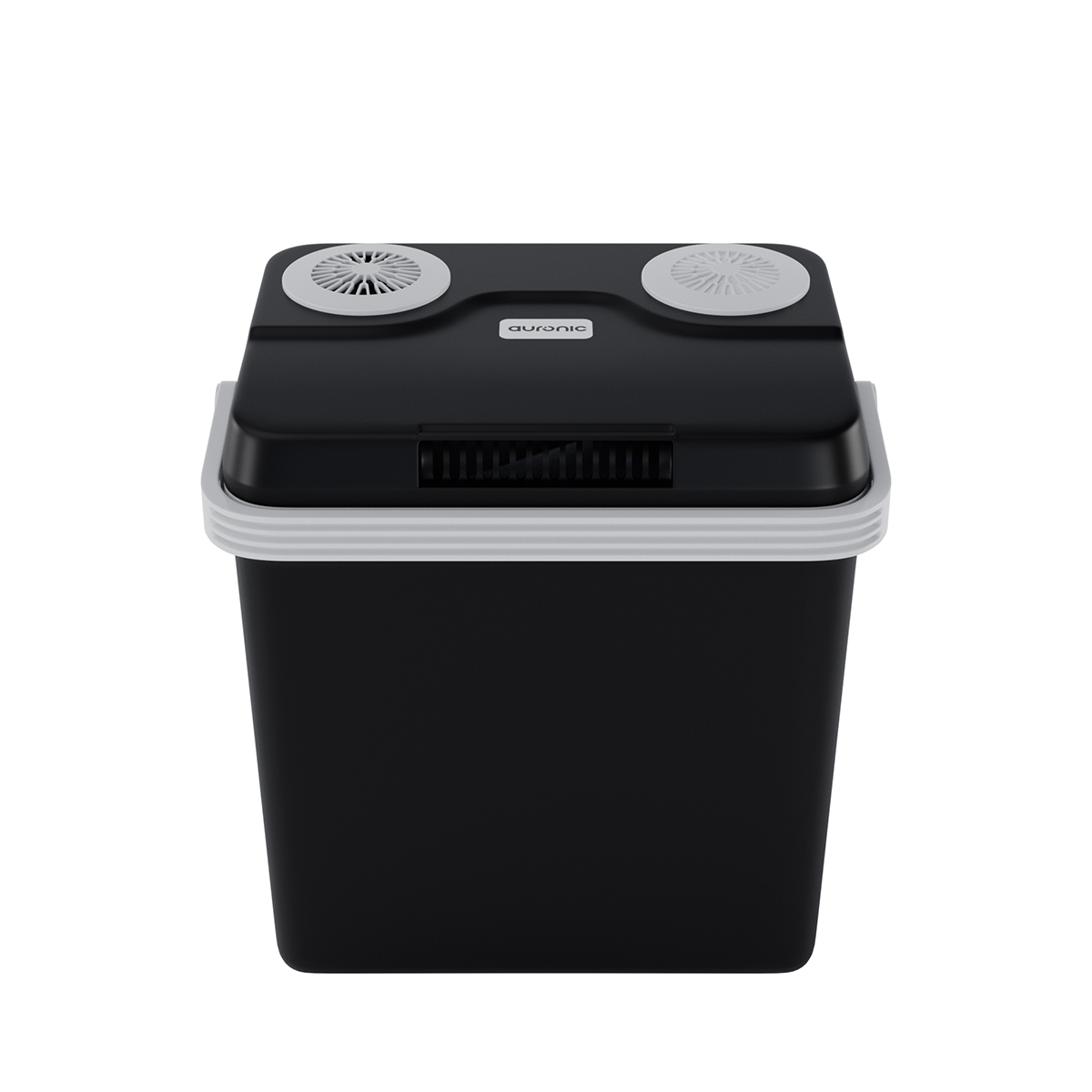 Une glacière portable noire avec deux ventilateurs et le logo Auronic sur le couvercle.