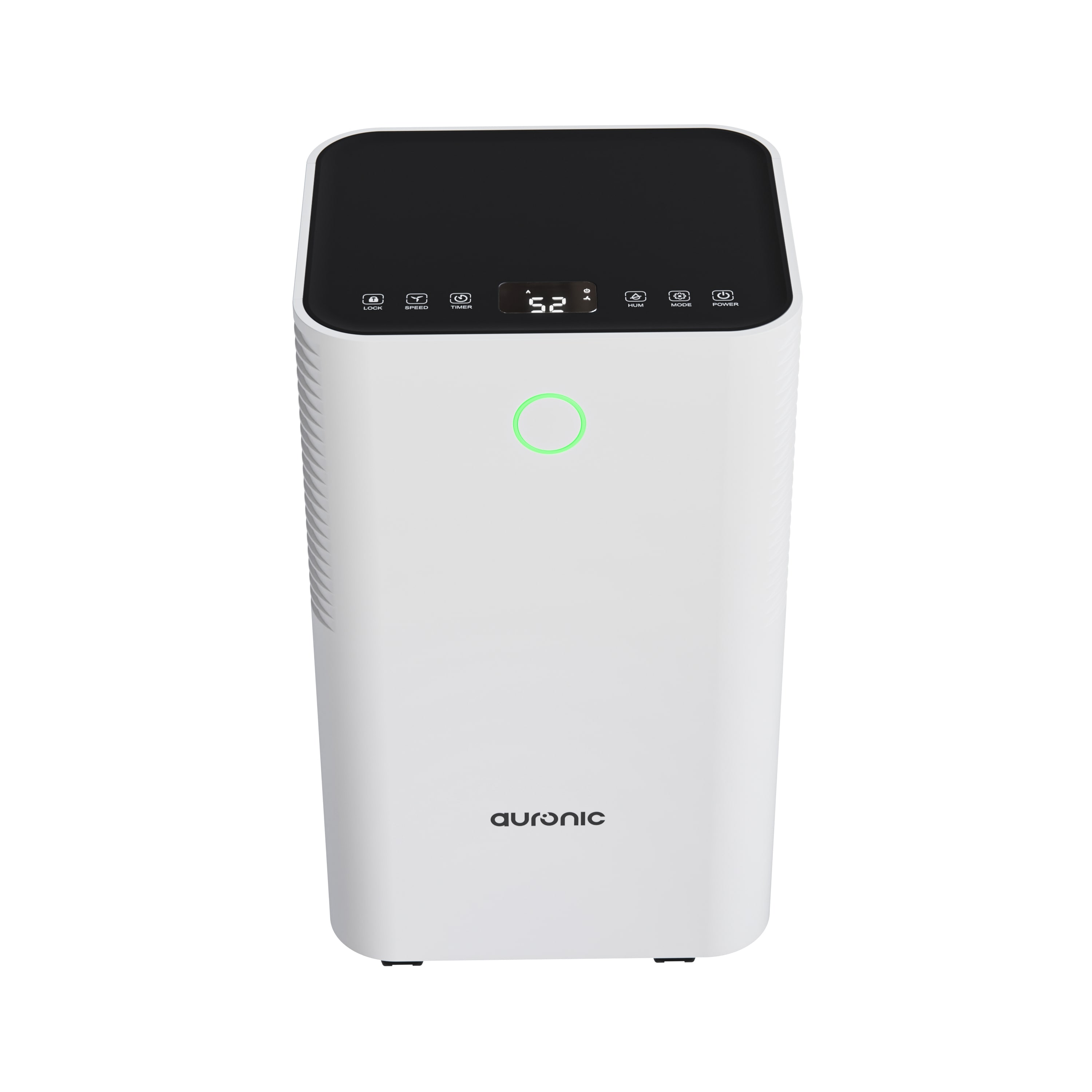 Un purificateur d'air blanc Auronic avec un dessus noir affiche "52" sur son écran.