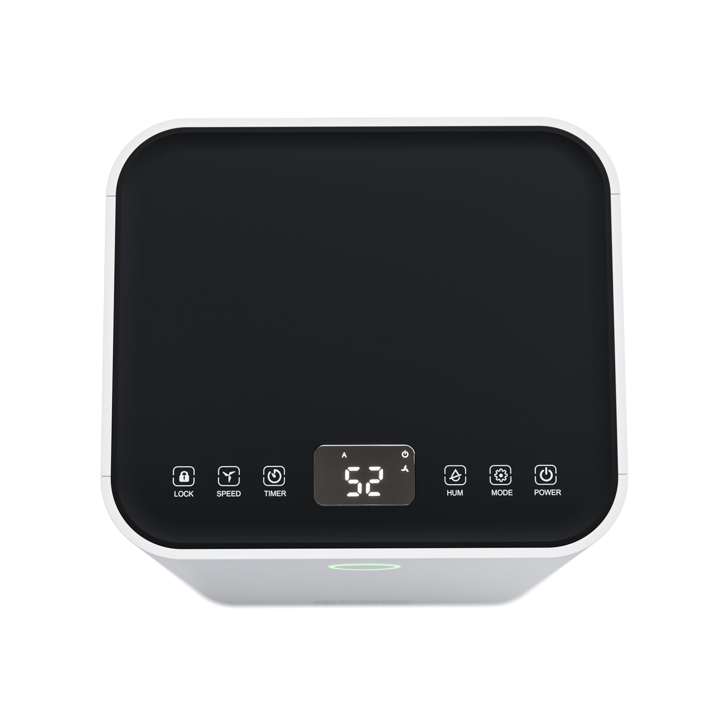 Un humidificateur blanc avec panneau de commande noir affichant 52.