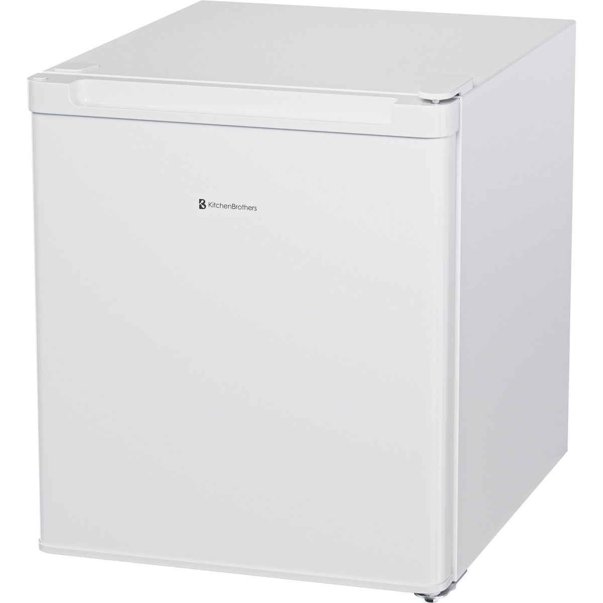 A small, white refrigerator with a silver handle and the KitchenBrothers logo.