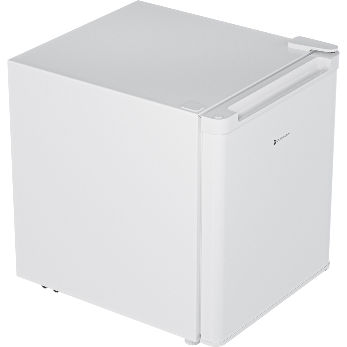 A small white refrigerator with a silver handle and the KitchenBrothers logo.