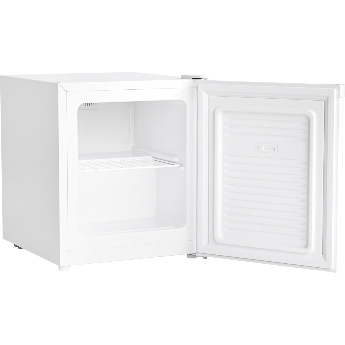 A white mini-fridge is shown with its door open, revealing an empty interior and a shelf.