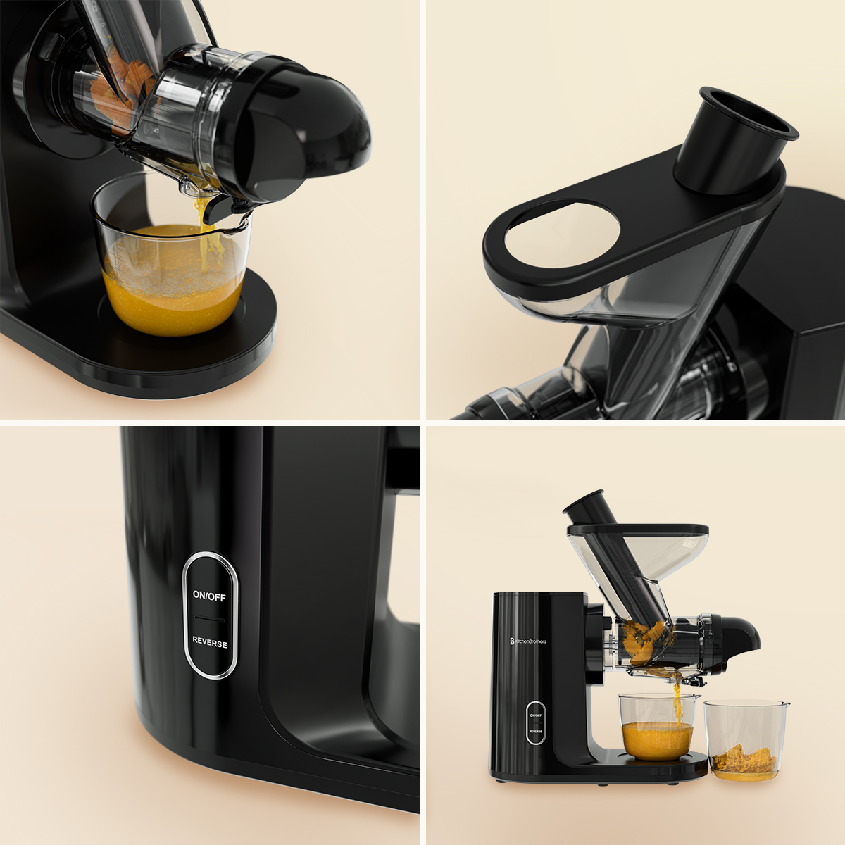 Black juicer pressing juice into glass. Close-up of controls and juicing process.