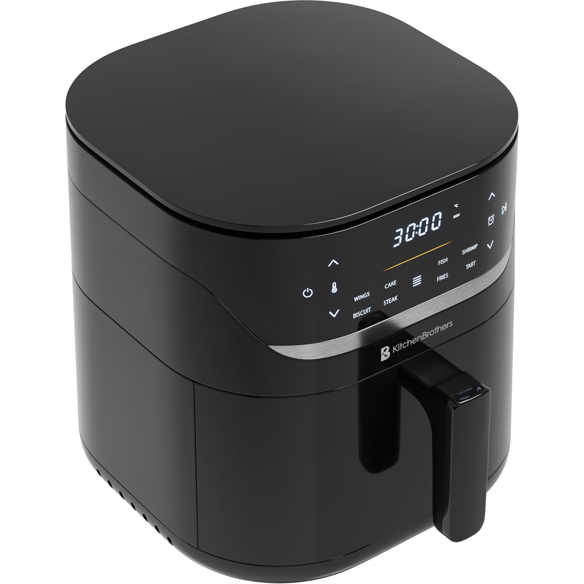 Black digital air fryer with a touch screen displaying 30:00 and cooking options.