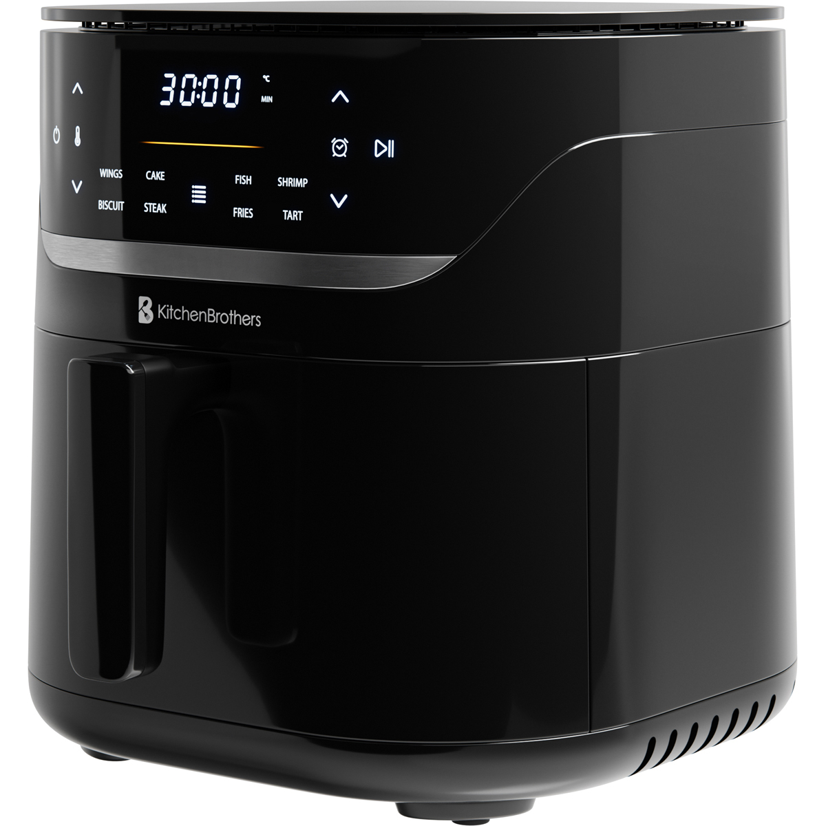Black air fryer with digital display, timer 30:00 min.