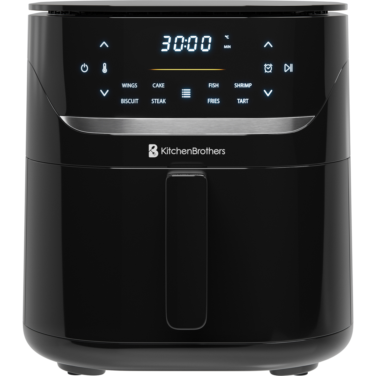Black air fryer with digital display showing 30:00 min.
