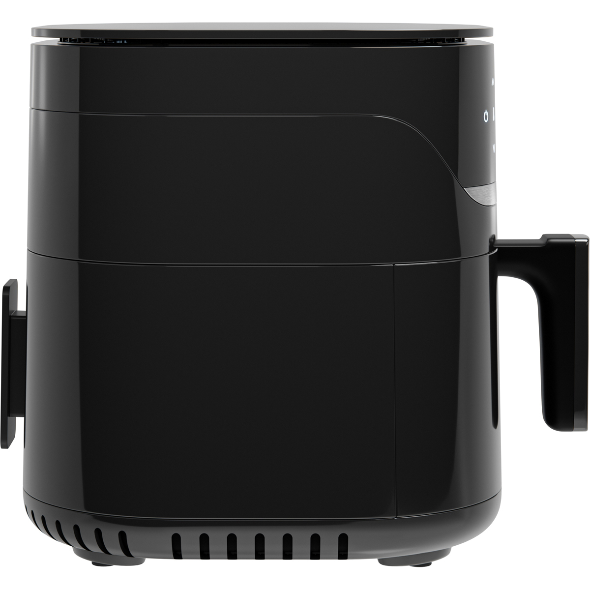 Black air fryer with handle and digital display on a white background.
